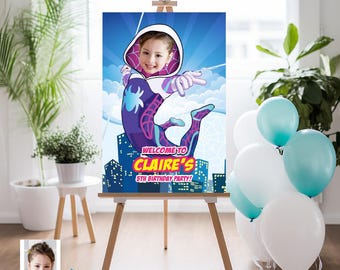 Cartel de bienvenida de cumpleaños personalizado de Ghost Spider con foto, entrada para fiesta de Gwen Stacy. 2039WS