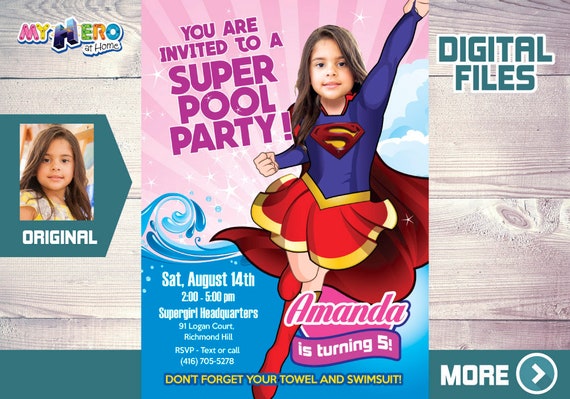 Supergirl Pool Party Invitation, Supergirl Birthday, Supergirl theme Party, Supergirl thank you, Supergirl party favors. 114 Il_570xn