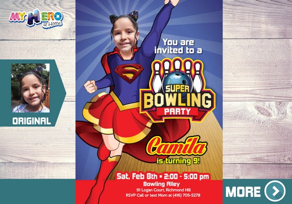 Supergirl Bowling Party Invitation. Bowling Supergirl themed Party. Super Girl Bowling Party. Bowling Party Ideas for girls. 145 Il_570xn