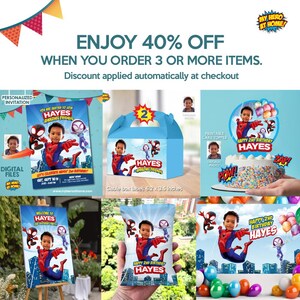 Puede incluir: Un conjunto de art&iacute;culos de fiesta imprimibles con un tema de superh&eacute;roes con la foto de un ni&ntilde;o. El conjunto incluye un adorno para pastel, bolsas de regalo, una caja de gable y una invitaci&oacute;n. La invitaci&oacute;n dice "You are invited to join Hayes Amazing Friends". El adorno para pastel dice "Feliz cumplea&ntilde;os n&uacute;mero 2 Hayes". La etiqueta de la caja de gable dice "Hayes Amazing Friends". Las bolsas de regalo dicen "Feliz cumplea&ntilde;os n&uacute;mero 2 Hayes".