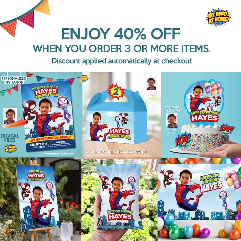 Puede incluir: Un conjunto de art&iacute;culos de fiesta imprimibles con un tema de superh&eacute;roes con la foto de un ni&ntilde;o. El conjunto incluye un adorno para pastel, bolsas de regalo, una caja de gable y una invitaci&oacute;n. La invitaci&oacute;n dice "You are invited to join Hayes Amazing Friends". El adorno para pastel dice "Feliz cumplea&ntilde;os n&uacute;mero 2 Hayes". La etiqueta de la caja de gable dice "Hayes Amazing Friends". Las bolsas de regalo dicen "Feliz cumplea&ntilde;os n&uacute;mero 2 Hayes".