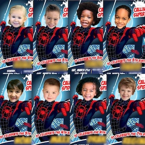 Pu&ograve; includere: Un modello di invito digitale con il volto di un bambino sovrapposto a un costume di Spider-Man con motivo a ragnatela rosso e nero. Il testo recita CALLING ALL SUPERHEROES TO CELEBRATE THE BIRTHDAY, con spazio per data, ora e luogo.