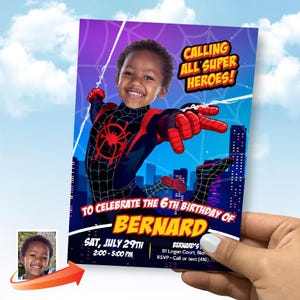 Custom Miles Morales Party Invitation with your photo, Spider-Verse Birthday Invite, Spider-Verse Digital, Miles Morales invite. 399IN2