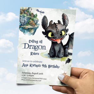 May include: A birthday invitation featuring a black dragon illustration with yellow eyes and a red tongue. The invitation reads "Calling all Dragon Riders" and includes event details for Ana Karina's 9th birthday, with a watercolor castle and dragon accents.