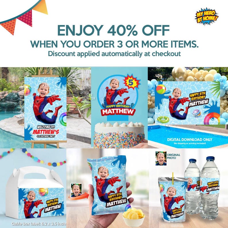 Pu&ograve; includere: Forniture per feste con un bambino vestito da Spider-Man. Include un cartello di benvenuto, un cake topper, etichette per bottiglie d'acqua e un sacchetto di patatine. Il testo recita "Happy 5th Birthday Matthew" e "Welcome to Matthew's 5th Birthday Party".