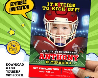 Football invitation with photo, Editable Chiefs Party Invitation, Editable Chiefs template, Football party invitation with photo. 1208