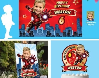 Custom Iron Man Birthday Party Decor with kid as his favorite superhero (backdrop). 2333B4