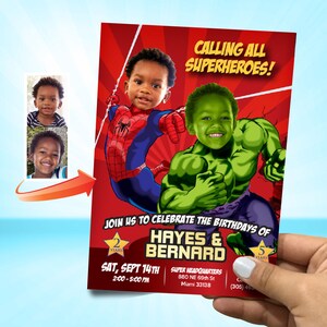 Uitnodiging feest Hulk en Spider-Man, verjaardagsfeestje broers en zussen Spiderman en Hulk, gezamenlijk superheldenfeest, themafeest gezamenlijke helden. 438B