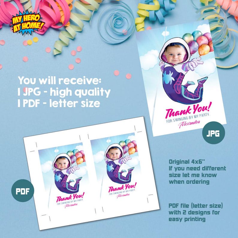 May include: Printable thank you card for a superhero themed party. The card features a child dressed as a superhero holding balloons. The text on the card reads "Thank You! For swinging by my party, Alexandra".