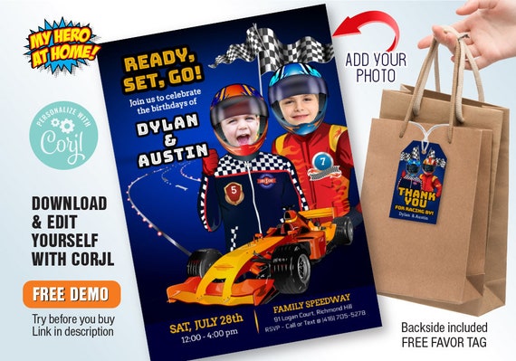 Joint Race Car Invitation with photos, Race Car Digital Invitation, Siblings Race Car Party, Race Car Siblings Invitation with photos. 1051 Il_570xn