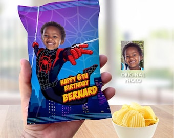Custom Miles Morales chip bags party favors with photo, Personalized Spiderverse snacks labels. 399CB