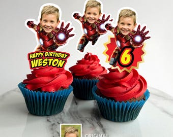 Personalized Iron Man Cupcake Toppers with your Photo, Ironman Party desserts. 2333CK