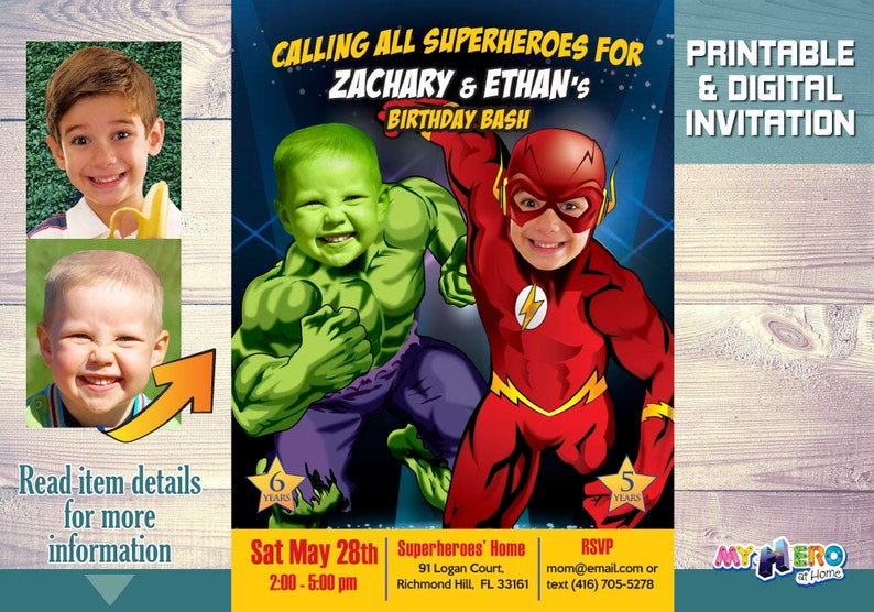 Hulk and Flash Party 183 Superheroes Siblings Birthday Superheroes Brothers Invitation Joint Superheroes Party Flash and Hulk Invitation