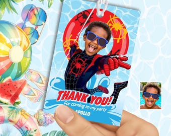 Miles Morales Pool Party Thank You Favor Tags with birthday kid as the star. 2453TY