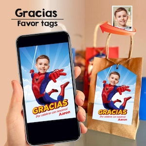 Agradecimiento Fiesta de Spidey con foto, Gracias Spidey Fiesta, Gracias cumple tema Spidey, Cotillon etiquetas de Spidey con foto. 2282TY