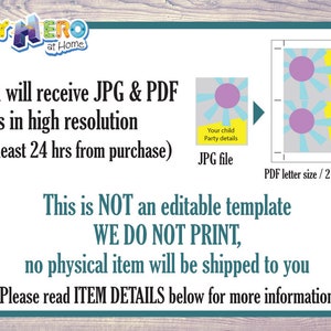 Puede incluir: Una descarga digital de dos invitaciones en formato JPG y PDF. Las invitaciones presentan un dise&ntilde;o azul y amarillo con un c&iacute;rculo rosa y el texto "Detalles de la fiesta de tu hijo". Tambi&eacute;n se incluye el texto "Esto NO es una plantilla editable NO IMPRIMIMOS, no se enviar&aacute; ning&uacute;n art&iacute;culo f&iacute;sico".