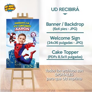 K&ouml;nnte beinhalten: Ein digitaler Download f&uuml;r eine Spiderman-Geburtstagsparty. Die druckbaren Dateien beinhalten ein Banner, ein Willkommens-Schild und einen Tortenaufsatz. Das Banner ist 6 Fu&szlig; mal 4 Fu&szlig; gro&szlig;, das Willkommens-Schild ist 24 Zoll mal 36 Zoll gro&szlig; und der Tortenaufsatz ist 8,5 Zoll mal 11 Zoll gro&szlig;.