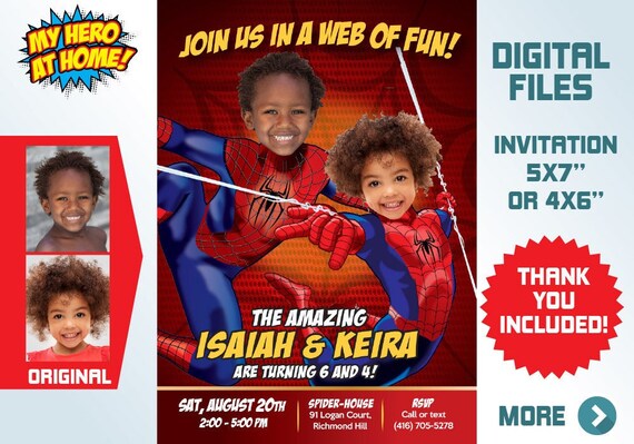 Joint Spider-Man Invitation, Spider-man Siblings Birthday, Joint Spider-man party, 2 children Spiderman Party. 106C Il_570xn