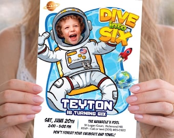 Astronaut Pool Party Invitation personalized with photo, Dive into Age template. 733IN2