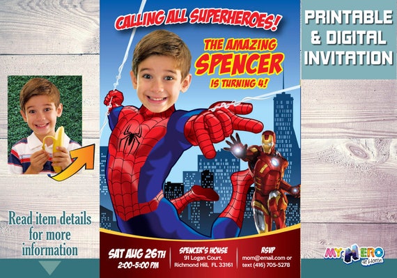 Spiderman Birthday Invitations. Your boy as the amazing Spiderman with Ironman. Spiderman Avengers Invitation. Spiderman Birthday Ideas. 137 Il_570xn