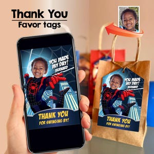 May include: A printable favor tag featuring a cartoon superhero in a black and red suit, swinging through a city skyline. The tag includes the text "You made my day!" and "Thank you for swinging by!" with a space for a child's name.