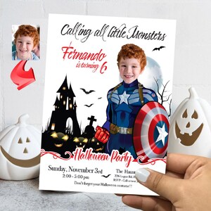 Captain America Halloween birthday Invitation, Halloween Captain America template, Captain America invitation for Halloween party. 2060