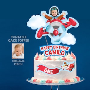 Custom Airplane Cake topper with photo, Airplane cake printable decoration, Baby Airplane 1st birthday cake, DIY Airplane vintage cake 911CT