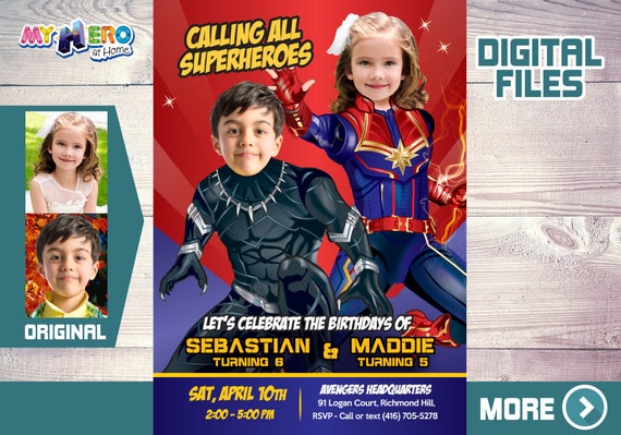 Black Panther and Captain Marvel Birthday Invitation, Captain Marvel and Black Panther Party, Joint Avengers theme Party. 540 Il_570xn