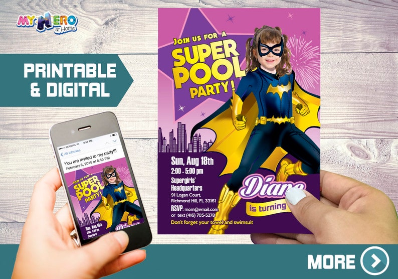 Batgirl Pool Party Invitation Batgirl Water Party DC hero super girls Party 354 Batgirl Invitation Batgirl Pool Party Birthday