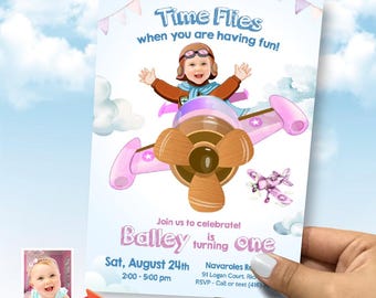 May include: A birthday party invitation featuring a cartoon illustration of a child in a pilot's outfit flying a pink airplane. The invitation includes the text "Time Flies when you are having fun!" and details for the party.