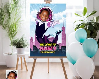 Cartel de bienvenida con foto de Gwen Stacy, cartel de cumpleaños de Spider Girl, fiesta de Ghost Spidey. 2038