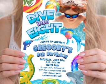 Custom 8th Birthday Pool Party Invitation With Kid's Photo, Dive into Eight template. 2448IN8