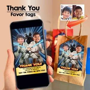 Joint Jedi thank you with photos, 2 Jedi kids Star wars favor tags, Jedi siblings party favors, Joint Jedi party decor, Jedi Twins. 843BTY