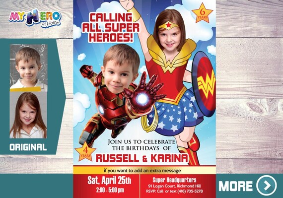 Ironman and Wonder Woman Invitation. Superheroes Birthday Invitation. Joint superheroes party. Wonder Woman and Ironman Party. 172 Il_570xn