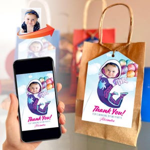 May include: A personalized thank you tag featuring a cartoon illustration of a child dressed as Spider-Man, swinging from balloons. The tag has the text "Thank You! For swinging by my party. Alexandra".
