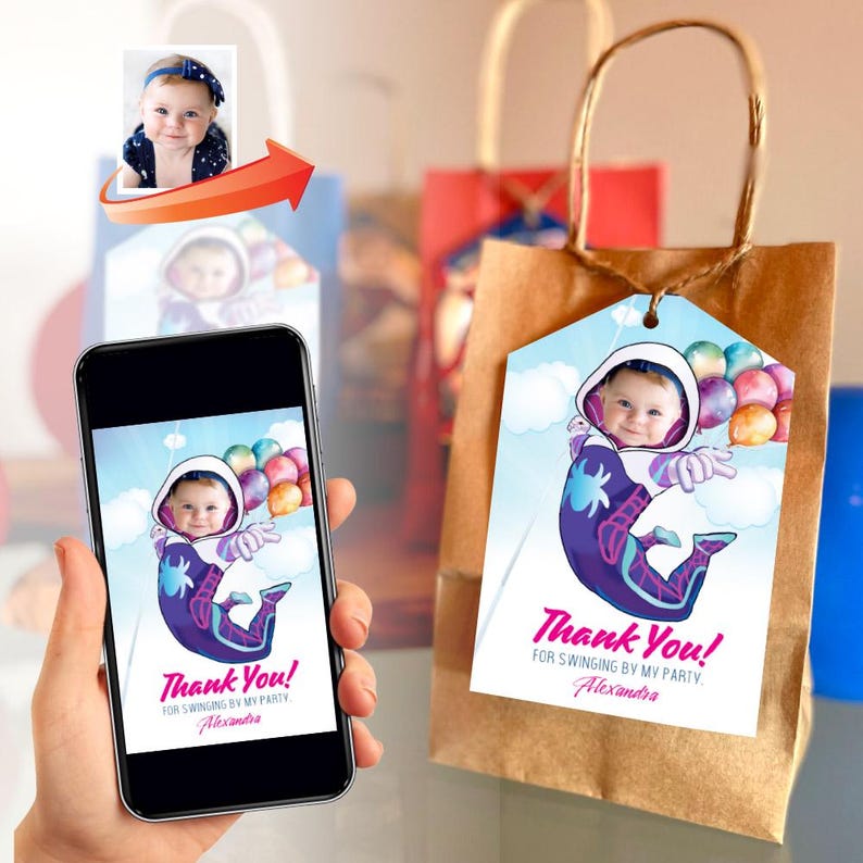May include: A personalized thank you tag featuring a cartoon illustration of a child dressed as Spider-Man, swinging from balloons. The tag has the text "Thank You! For swinging by my party. Alexandra".
