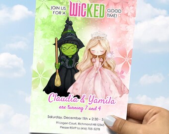 Wicked Little Elphaba and Glinda birthday invitation, Watercolor Green and Pink Witches Template. 1773IN