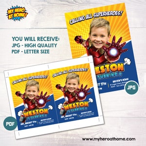 Puede incluir: Una invitaci&oacute;n de cumplea&ntilde;os imprimible con un ni&ntilde;o vestido de Iron Man. La invitaci&oacute;n tiene un fondo azul y amarillo con el texto "&iexcl;Llamada a todos los superh&eacute;roes!" y "Weston cumple 6 a&ntilde;os".