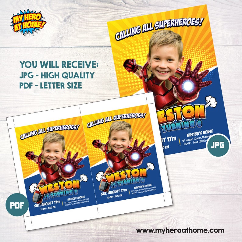 Puede incluir: Una invitaci&oacute;n de cumplea&ntilde;os imprimible con un ni&ntilde;o vestido de Iron Man. La invitaci&oacute;n tiene un fondo azul y amarillo con el texto "&iexcl;Llamada a todos los superh&eacute;roes!" y "Weston cumple 6 a&ntilde;os".
