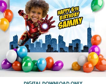 Fondo personalizado de cumpleaños de Iron Man con el niño disfrazado de su superhéroe favorito, Iron Man Wall. 098BB