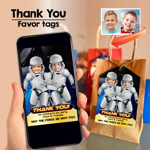 Joint Stormtroopers thank you with photos, 2 Storm troopers kids favor tags, Stormtroopers siblings party favors, Stormtroopers decor 2254TY