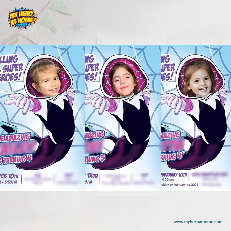 May include: Three personalized birthday party invitations featuring a child's face superimposed on a Spider-Gwen illustration. The invitations have a blue background with spiderweb designs and include the text "The Amazing", "Turning 4" or "Turning 5", and event details.