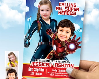 Custom Black Widow and Iron Man Birthday Invitation Featuring Kids as the Stars. 2495IN1