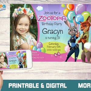 Puede incluir: Una invitaci&oacute;n de fiesta de cumplea&ntilde;os con tem&aacute;tica de Zootopia con Judy Hopps y Nick Wilde. La invitaci&oacute;n incluye el nombre "Gracyn" y los detalles de la fiesta. Tambi&eacute;n se muestra una ni&ntilde;a con una corona floral. La invitaci&oacute;n se sostiene en una mano.
