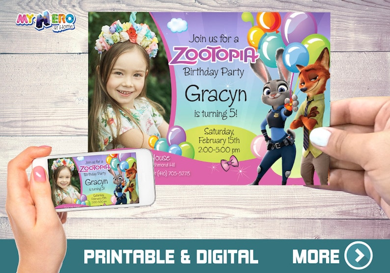 Puede incluir: Una invitaci&oacute;n de fiesta de cumplea&ntilde;os con tem&aacute;tica de Zootopia con Judy Hopps y Nick Wilde. La invitaci&oacute;n incluye el nombre "Gracyn" y los detalles de la fiesta. Tambi&eacute;n se muestra una ni&ntilde;a con una corona floral. La invitaci&oacute;n se sostiene en una mano.