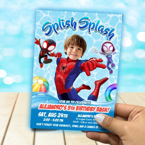 Personalized Spidey Splish Splash Party Invitation with kid as Spiderman. 932