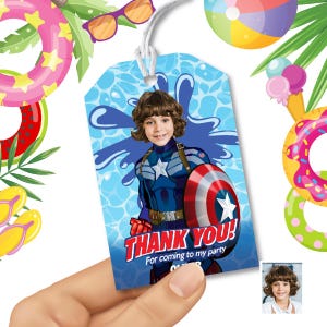 May include: A blue tag featuring a child dressed as Captain America, with a shield and the words "THANK YOU!" and "For coming to my party". The tag is held by a hand. The background includes water and summer-themed illustrations.