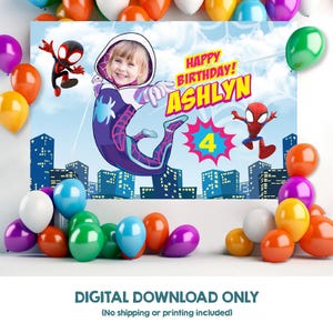 Customized Gwen Stacy Banner with your photo, Gwen Stacy Birthday Backdrop, Gwen Stacy Backdrop, Telon Fiesta Gwen Stacy con foto. 2039BB