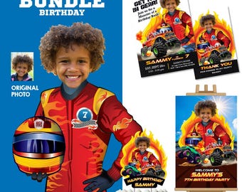 Personalized Monster Truck Birthday Party Bundle with kid as star, Invitation, Cake, Welcome. 2000B2