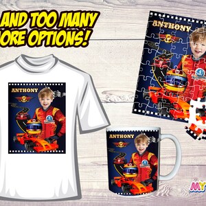 May include: A personalized t-shirt, mug, and jigsaw puzzle featuring a boy in a racing suit with the name "Anthony" on each item. The design includes a red race car and a checkered flag.